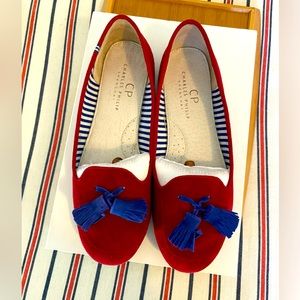Charles Philip moccasin, size 9.5 red (Bordeaux) blue tassel- suede upper